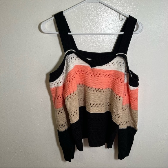 Striped Cold Shoulder Sweater Loose Knit Beige Black Peach S - Picture 3 of 10